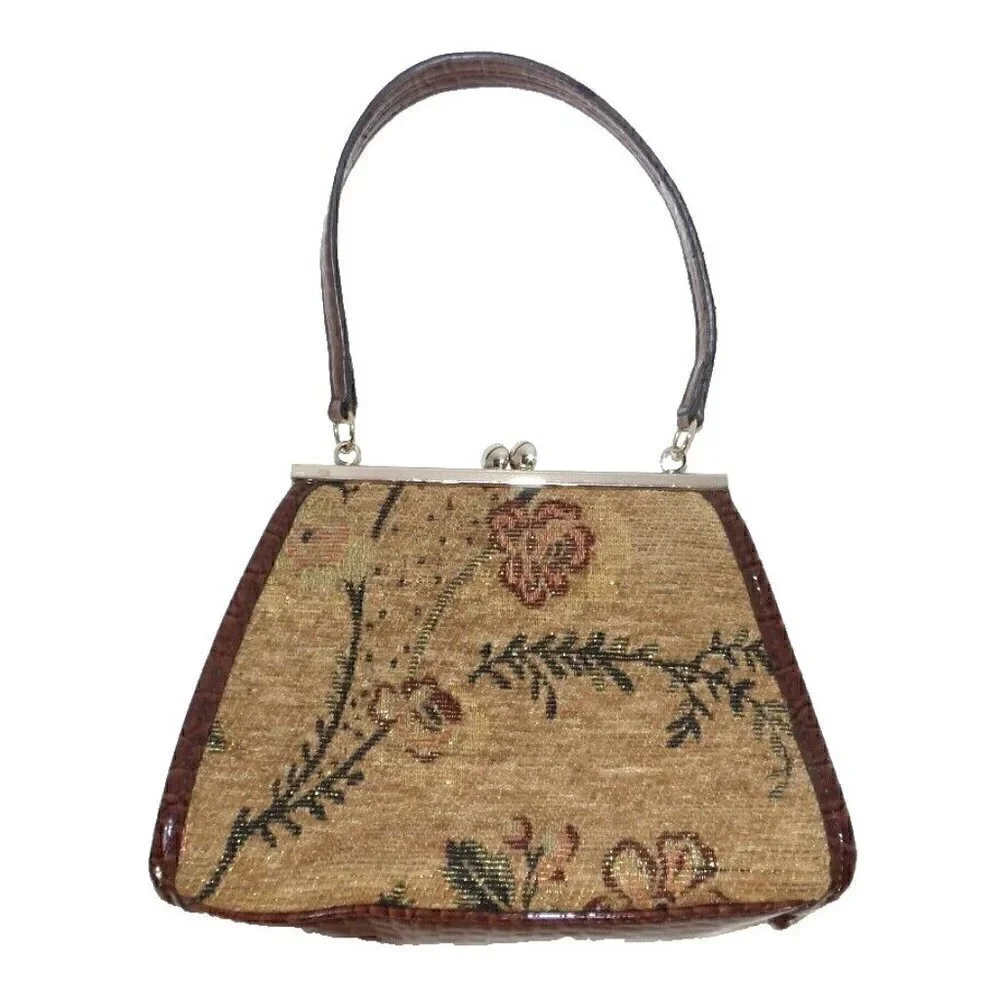 LIZ CLAIBORN brown & gold tapestry look satchel, evening bag, handbag, purse